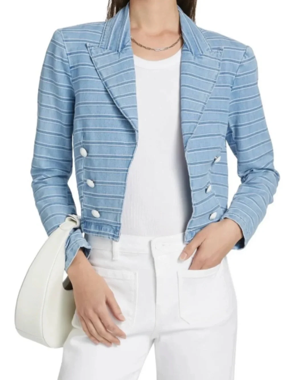 New L'AGENCE Blue Striped Cropped Double-Breasted Jacket Blazer